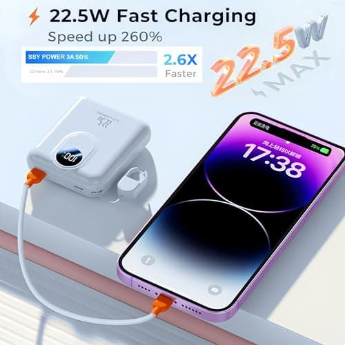 Power Bank 10000mAh, Fast Charging Portable Charger with Built-in Cables, 22.5W 4 Outputs LED Display, Small USB C Battery Pack for iPhone 16 15 14 iPad Tablets (Blue) — view 2