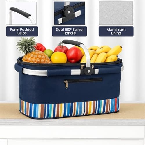HOMESHOPA 35 Litre Insulated Picnic Basket With Lid, Blue Multi Stripe Foldable Thermal Cooler Bag Hard Liner, Upright Standing Box for Outdoor Camping, Travel, Portable & Collapsible Shopping Hamper — view 3