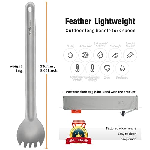 TiTo Titanium Long Handle Spork and Spoon Eco-Friendly Ultralight Portabale Flatware for Outdoor Camping Backpacking Hiking Travel Picnic Tableware with Bag(Sandblasting Spork) — view 2