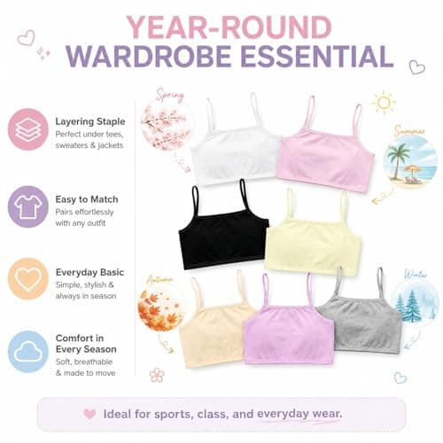 8 Pack Girls Crop Tops & Training Bras, Cotton Set for Ages 8-12 | Over 90% Cotton, Light Support, 8 Crop Tops, Ages 8-12, 8 Colours, for School, PE And Daily Wear — view 4