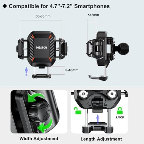 iMESTOU Motorcycle Phone Mount with Wireless Charger 15W & USB-C Port 36W, Shock Absorption 1" Ball Mount Fits for 5.4"-7.2" Phones Up to 15mm Thick, Works with 12-24V Vehicles (without mounting base) — view 5
