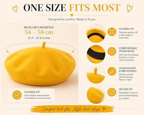 ITRAT Women's Beret Hat – Classic French Style Beret for Women, Soft Warm Wool Blend Ladies Fashion Hat, Elegant Parisian Winter Autumn Cap for Casual, Travel & Everyday Wear (Yellow) — view 5