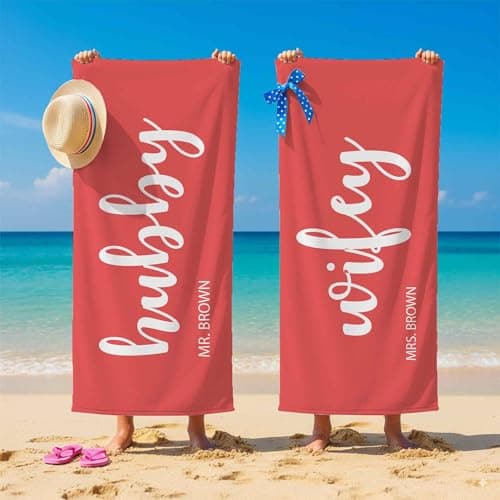 Print Maniacs Custom Personalised Hubby and Wifey Towel Microfibre Beach Towel Couple Gift Large Quick Dry Lightweight Travel Towel Honeymoon Holiday Pool Spa