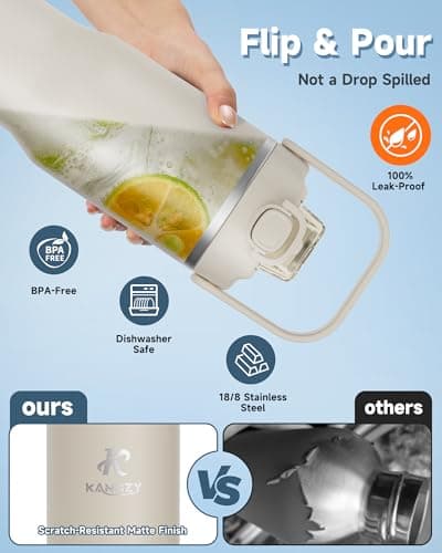 KANGZY Metal Water Bottle with Straw 1L/32oz – Vacuum Insulated Stainless Steel Flask, 2-in-1 Straw & Spout Lid, BPA-Free Leak-Proof Tumbler, Keeps Drinks Hot 8H+ / Cold 24H for Work, Travel White — view 3