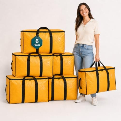 AMW Heavy Duty Moving Bags, 90L Large Storage Bags with Zip, 6 Pack, (Yellow)