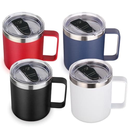 Volhoply 14oz Insulated Stainless Steel Coffee Mug with Lid Bulk 4 Pack,Double Wall Vacuum Travel Coffee Cup with Handle,Reusable Metal Tumbler,Camping Mugs Keep Hot,Christmas Gifts(Assorted,4)