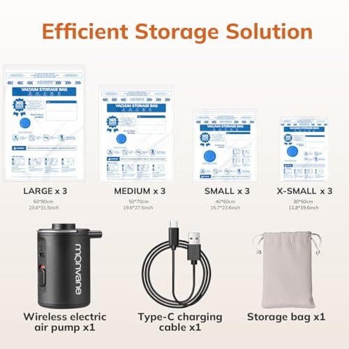 Vacuum Compression Storage Bags for Clothes - 12 Pack Reusable Space Saver Bags with Wireless Electric Air Pump for travel (3 Large + 3 Medium + 3 Small + 3 X-Small) — view 2