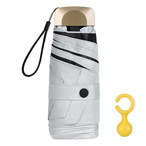 Vicloon Mini Umbrella, Pocket Umbrella Gray with Golden Handle, 210T Black Rubber Cloth & 6 Aluminum Alloy Ribs, Foldable Compact Travel Umbrella, UPF>50+ UV Resistance