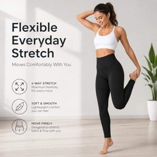 Women’s Cotton Rich High Waisted Leggings with Pockets, Full Length Ladies Stretch Leggings, Soft Comfortable Gym Yoga Lounge Wear Skinny Trousers for Everyday Casual Wear Black — view 3