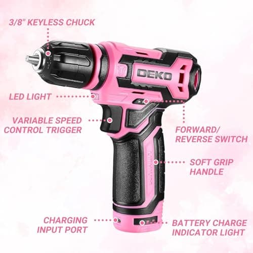 Cordless Drill：DEKOPRO 12V Power Battery Drill Set with Small Electric Drills and 3/8-inch Keyless Chuck with Portable Tool Set Gift Box (Pink) — view 2