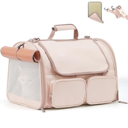 FUKUMARU Cat Carrier, 4 Mesh Windows Small Dog Carrier, 4 Storage Pockets Cat Travel Bag, Under 6.8 Kg Airline Approved Pet Carrier, Rollable Cover for Nervous Cats, Pink
