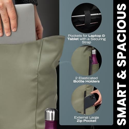 iNeq Roll Top Backpack Water Resistant Men and Women with Padded 15.6" Laptop & Tablet Compartments | Versatile Rolltop Rucksack | Expandable Travel Backpack for Work, School & Outdoors (Olive Green) — view 4