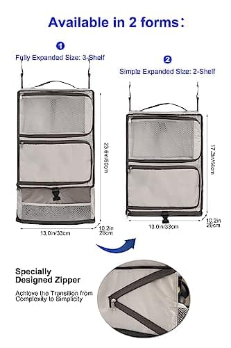 ELEZAY Hanging Packing Cubes Portable Closet 3-Shelf Travel Collapsible Compression Garment Organiser for Carry-on Luggage Suitcase Space Saver Bag X-Large_No Side Pockets, Lightgrey — view 4