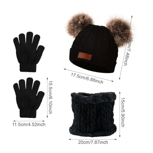 MUNSKT 3Pcs Kids Winter Warm Beanie Hat Scarf Gloves Set for 1-5 Years Old Boys Girls. Winter Accessories Sets for Children Outdoor Sports, Knit Thick Warm Fleece Lined Thermal Sets (Black 2) — view 2