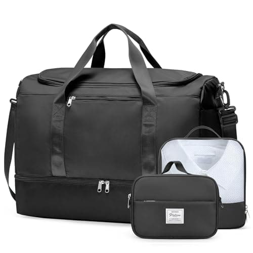 Large Travel Duffle Bag,Carry on Overnight Weekend Bag with Shoes Compartment,Weekender Bags for Women for Travel Business Trips Sport Hospital, Black 3Pcs Set, L, Practical/Utilitarian