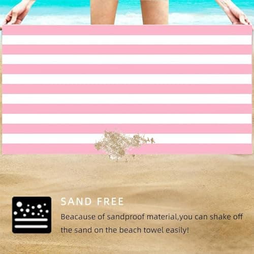 Large Quick Dry Microfibre Beach Bath Towel for Adult,Double Sides Pink White Striped Sand Free Beach Towel with Bag,Lightweight Gym Yoga Sports Towel,Compact Travel Summer Beach Towel for Women Men — view 4