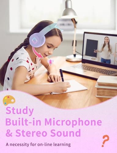 Bluetooth Kids Headphones,Cat Ear LED Light Up Kids Wireless Headphones,Bluetooth 5.1&Stereo Sound,Foldable,Adjustable Headband,Children Headphone with Microphone Over Ear for School/Tablet (Purple) — view 3