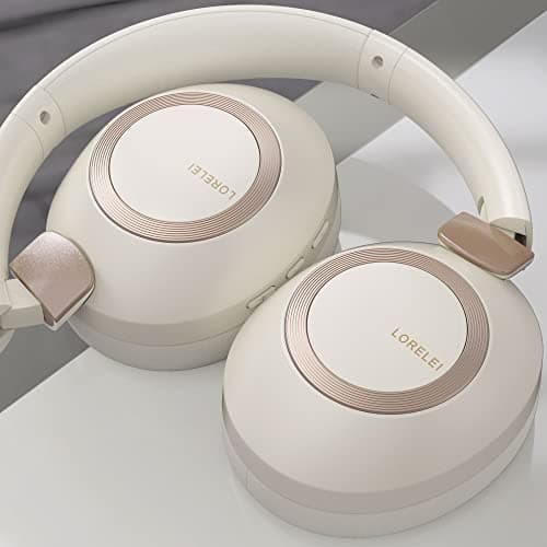 LORELEI B-C6 Wireless Over-Ear Headphones, 50H Playtime Foldable Lightweight Bluetooth Headsets, Deep Bass, Built-in Microphone, Memory Foam Earmuffs for Travel, Office (Beige White) — view 6