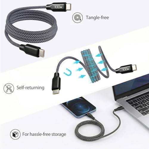100W Magnetic USB C Cable, Elastic Retractable Coiled USB-C to USB-C Leads — view 4