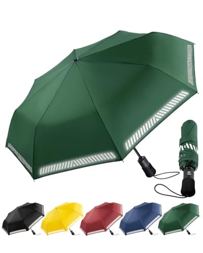 Chakipee Umbrella Windproof Strong Compact Travel Green Pocket Automatic Reflective Safety Strip Folding Outdoor for Rain Inverted Umbrellas for Men and Women 8 Ribs Double Canopy Portable