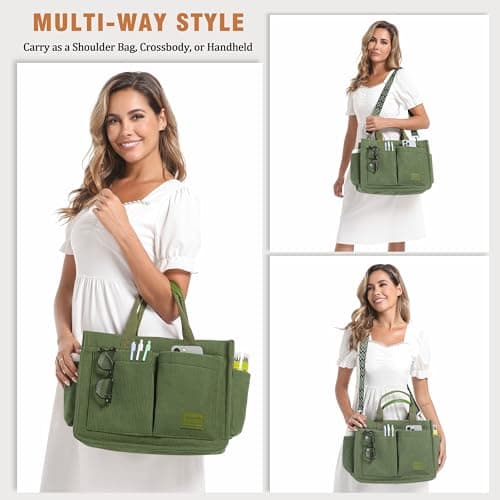 Captain Blues Corduroy Tote Bag for Women with Zipper, Large Capacity Work Bags Shoulder Handbag for School, Travel, College, Teacher with Adjustable Strap & Pockets (Green) — view 2