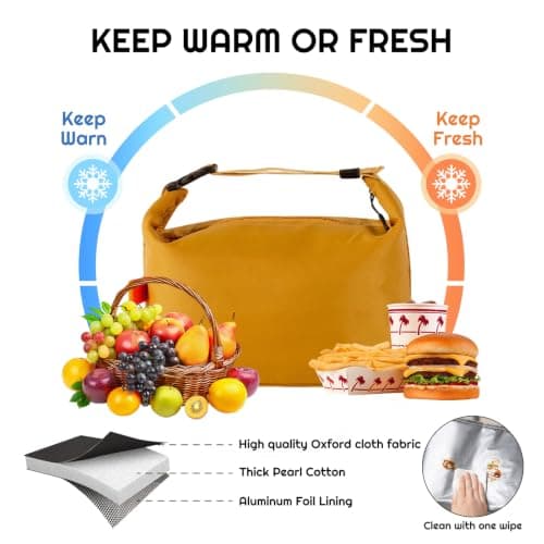 YUDANSI Insulated Lunch Bag with Thick Foil, Leakproof Thermal Lunch Tote for Work School Picnic, Large Capacity Cooler Bag with Adjustable Shoulder Strap for Men Women Adults Kids (Yellow) — view 6