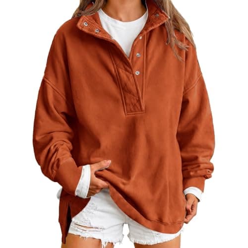 Warm Sweatshirt Women Oversized Henley Neck Long Sleeve Pullover Jumper