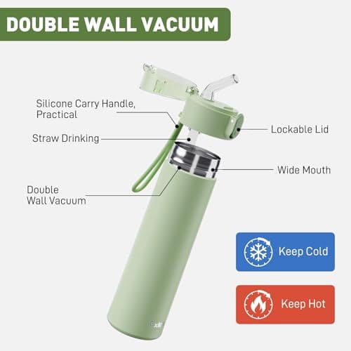 Exllena Small Water Bottle 270ml with Straw – Small Flask with One-Hand Open Design, Leak-Proof Locking Lid, 4-6 Hours Hot/Cold Retention and Portable for Coffee, Milk, or Any Beverage(Mint) — view 3