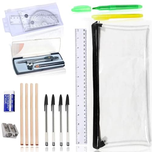 GCSE 18 Pcs Black Clear Pencil Case Set, Back to School Stationery Set, PVC