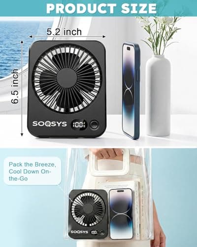 SOQSYS Cruise Approved Fan with 4000mAh Battery, Portable Fan for Cruise Magnetic Hook Included to Hang on Cabin Walls, 5-Speed Tavel Fan for Hotel Bedside Sleeping Cruise Ship Essentials — view 6