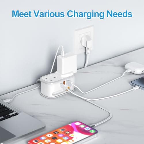 UK to European Plug Adapter with 1.5M Extension Cable, BEVA 2 Way 3 USB (2A+1C) Travel Adapter with Retractable USB C Cable for Germany France Spain Turkey Greece Iceland etc (Type E/F) — view 4