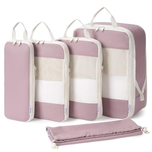 Narwey 5 Set Compression Packing Cubes for Suitcases and Backpack, Suitcase Organiser Bags Travel Compression Packing Cubes Shoes Bags for Carry on Hand Luggage Travel Essentials (Dusty Pink)