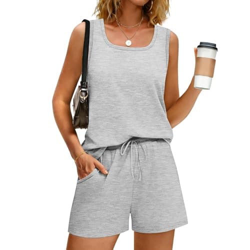 Travel Sets for Women Clothes Light Ashy Sleeveless Tank Top and Shorts Co-ord Set Loose Fit Summer Loungewear Outfit with Pockets Elasticated Waist for Everyday Wear UK Size S-2XL — view 3