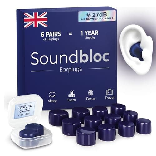 Soundbloc Earplugs™ - Ear Plugs for Sleep - 1 Year Supply - Custom Fit Noise Cancelling Reusable Soft Silicone, 27dB Sound Reduction - Swimming, Travel, Focus, Work. (Midnight, Medium - Large)