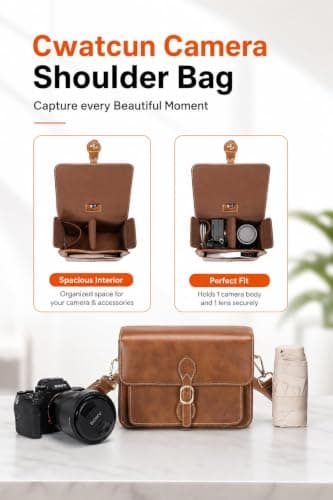 Cwatcun Brown Leather Camera Bag for Photographers, Waterproof Camera Bag — view 5