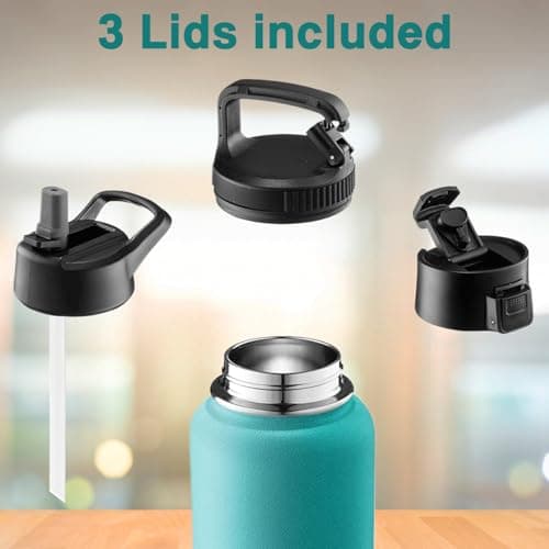 GARUET 950 ML Triple Walled, Insulated Water Bottles with Straw - Stainless Steel Metal Bottle W/ 3 Leak Proof Lids - For Travel, School, Sports, Gym/Men, Women & Kids (Cheery Turquoise) — view 4