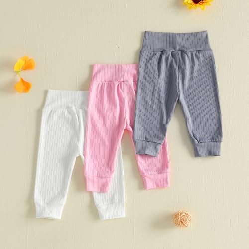 JCOPLY Baby Girl Leggings 3 Pack Set Toddler Ribbed Cotton Trousers 0-3T (Gray White Pink, 2-3 Years) — view 3