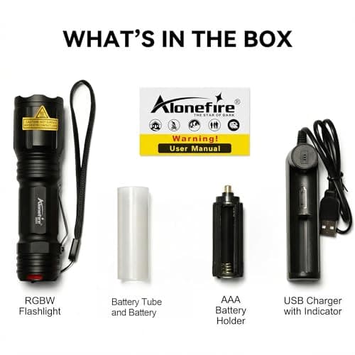 Alonefire X004 4 Color in 1 LED Tactical Torch Rechargeable Red Green Blue White Light Flashlight Waterproof Zoomable with Lithium Battery, Charger for Camping Hiking Hunting Fishing Police Adults — view 6