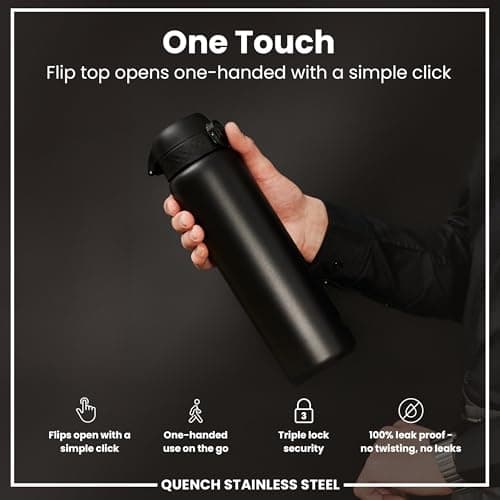 Ion8 Lightweight 1 Litre Steel Water Bottle, Non-Insulated, Leak Proof, Easy to Open, Secure Lock, Dishwasher Safe, Flip Cover, Carry Handle, Ideal for Travel & Active Lifestyles, Black — view 4