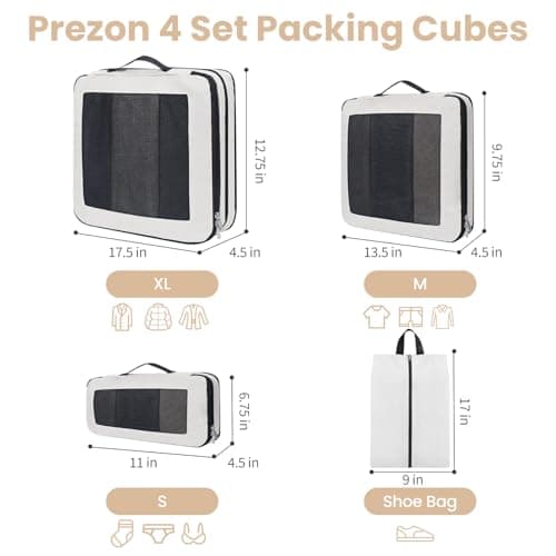 Prezon Large Compression Packing Cubes, Full Open Visible Design， Expandable Packing Organizer with Travel Shoe Bag for Suitcase & Backpack, 4 Set Lightweight Travel Bags for Vacation & Camping — view 3