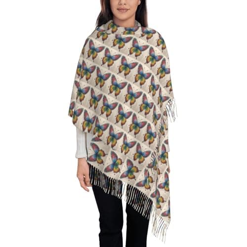 Rainbow Butterfly Print Elegant Fringe Scarf Shawl Wrap For Women Winter Fall Spring Travel Accessory Gift — view 3