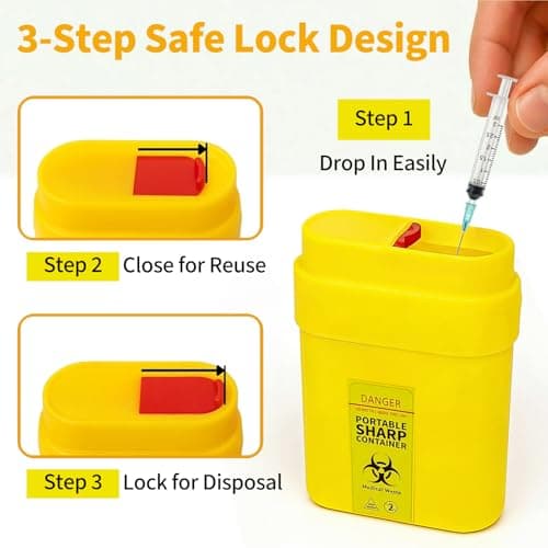 6 Pack Travel Sharps Bin Mini Container - Small Sharps Box for Needles, Lancets, Razor Blades - Portable Clinical Waste Bin Ideal For Travel, Work, Home - 6 Yellow Needle Disposal Box Size 0.3L Each — view 3