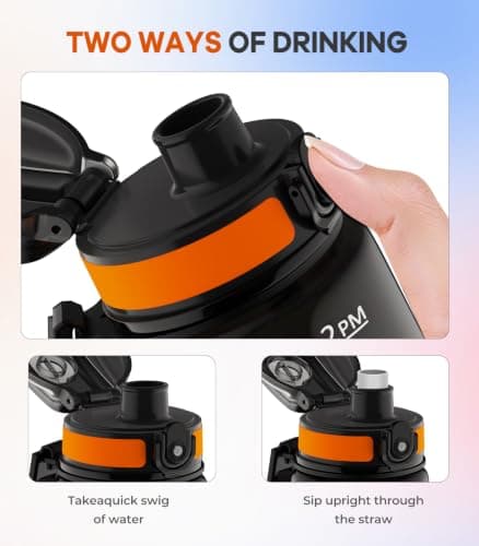 Gylinm 1L Water Bottle Made of BPA-Free Tritan Material, Sports Water Bottle with Removable Straw & Hydration Time Markerings, Ideal for Gym, Travel, Home, School and Outdoor Activities - Black-Orange — view 3