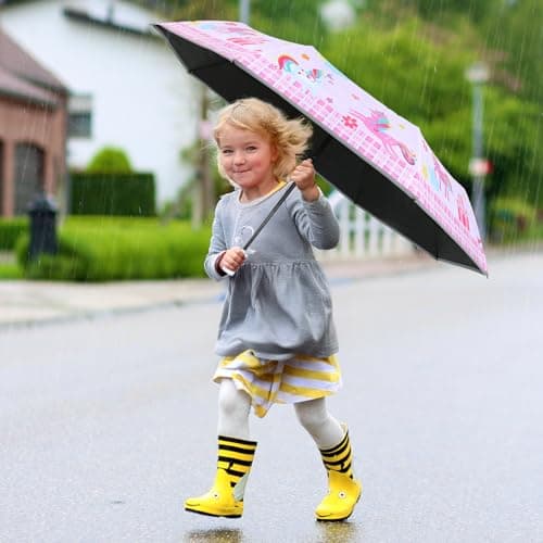 Kids Folding Umbrella, Windproof Automatic Travel Umbrella for Girls Pink — view 3