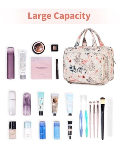 Narwey Full Size Toiletry Bag Large Wash Bag Makeup Bag Travel Organizer Cosmetic Bag for Women (Beige Flamingo) — view 5