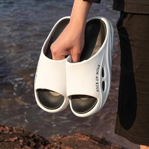 Men's Quick-Dry Indoor Outdoor Slippers with Non-Slip Rubber Sole, Breathable Mesh Upper for Home, Yard, or Travel, Soft Massage Insole for All-Day Comfort, Machine Washable (White, 7.5) — view 2