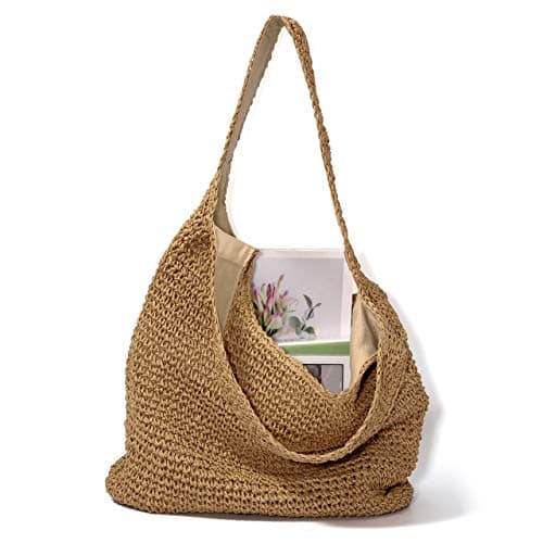 CHIC DIARY Womens Hand-woven Straw Shoulder Bag Large Summer Beach Leather Handles Handbag Tote with Zipper (02-Khaki) — view 5