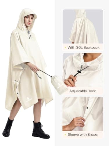 SaphiRose Hooded Rain Poncho Waterproof Raincoat Jacket for Men Women Adults, Cream, One Size — view 4