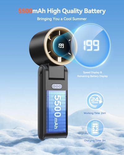 Portable Handheld Turbo Fan, 199 Gear Speed, 24 Hs Cooling Time, 5500mAh Rechargeable Mini Personal Hand Fan, Foldable Design, Travel Essentials, Beach Vacation, Gifts for Women,Men,Black Gold — view 3