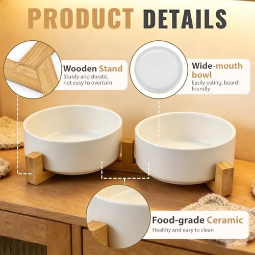 Ceramic Cat Bowls with Bamboo Stand, Double Elevated Pet Feeding Bowls, 400ml Each, Removable Non Slip Food and Water Bowls, Stable Base for Cats & Small Dogs, White (Set of 2) — view 4